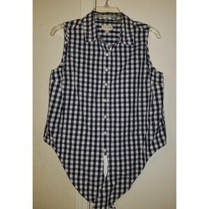 MAISON JULES Sleeveless Button-Up Blouse Women's Large Tie-Hem Top Navy Plaid